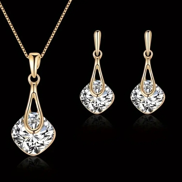 Gold Plated Sparkling Crystal Dangle Earrings & Pendant Necklace Jewelry Set - Picture 1 of 6